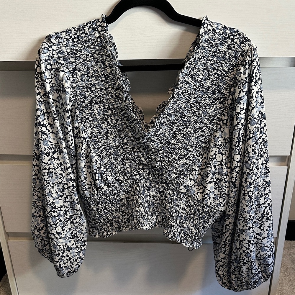 Abercrombie & Fitch Floral Smocked Blouse - Blue and White